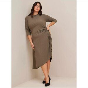 Torrid asymmetric ruched dress ribbed knit olive green stretch boatneck new 2X